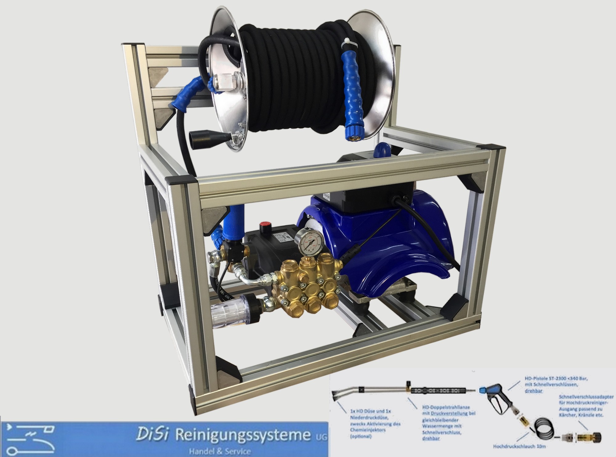 Motor Pump Unit Aluminium Cage & SS Hose Reel 230V Mazzoni 150bar 11l/min –  DiSi Cleaningsystems